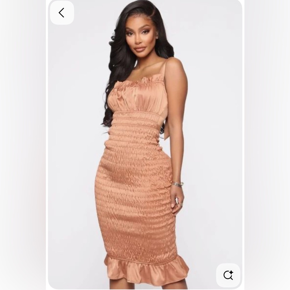 Fashion Nova Smocked Satin Midi Dress Rust XS Playing Innocent Boho Coastal